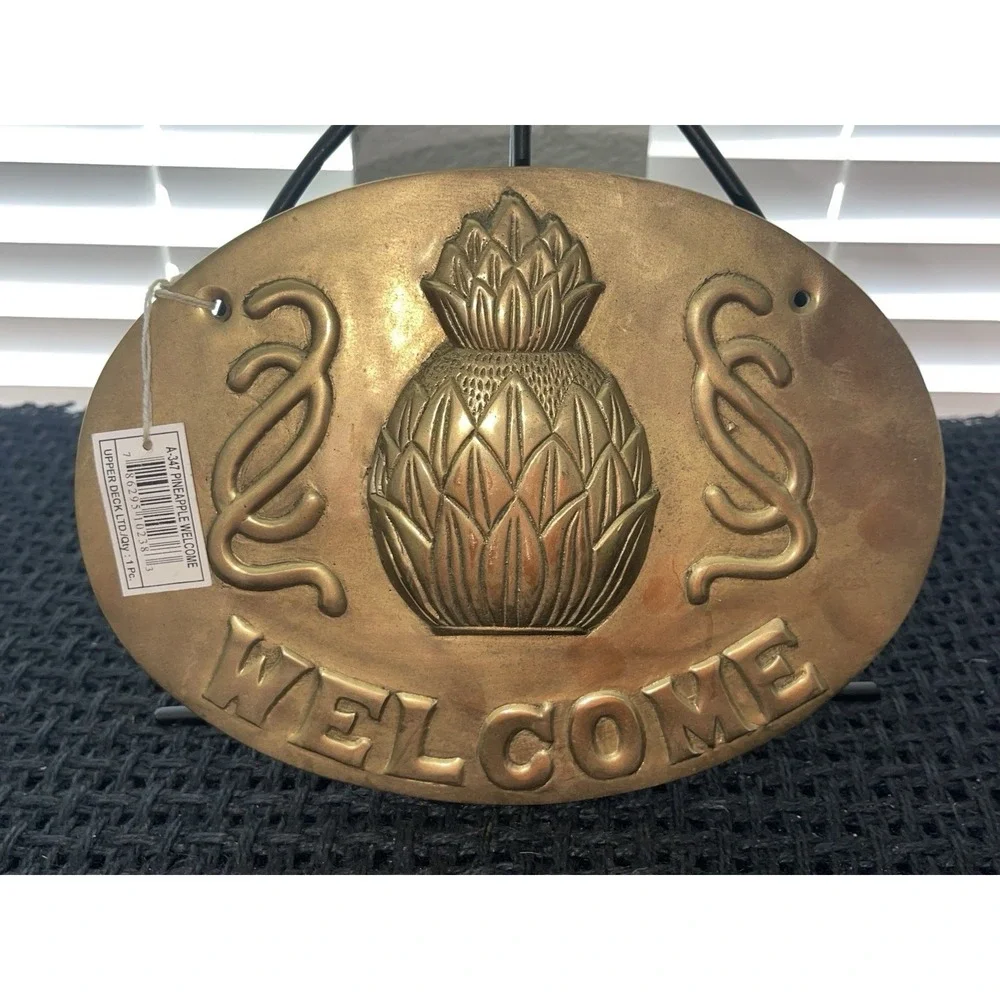 Vintage New Old Stock Brass Pineapple Decor Welcome Hanging Sign Embossed